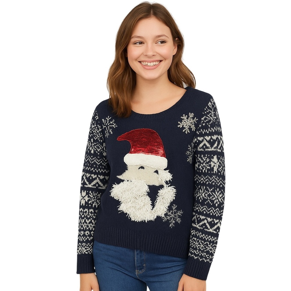 No Boundaries Ugly Sweater Blue White Christmas Santa Sequins Snowflake Festive